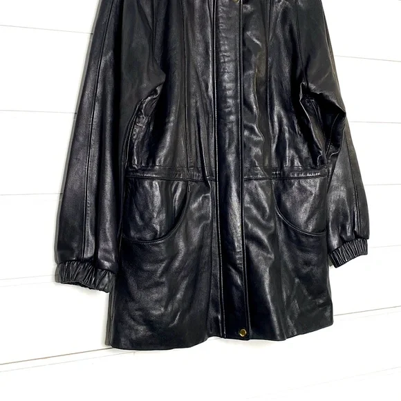 Vintage Genuine Lambskin Leather Black Parka w/ Fox Fur Trimmed Removable Hood - Picture 8 of 15